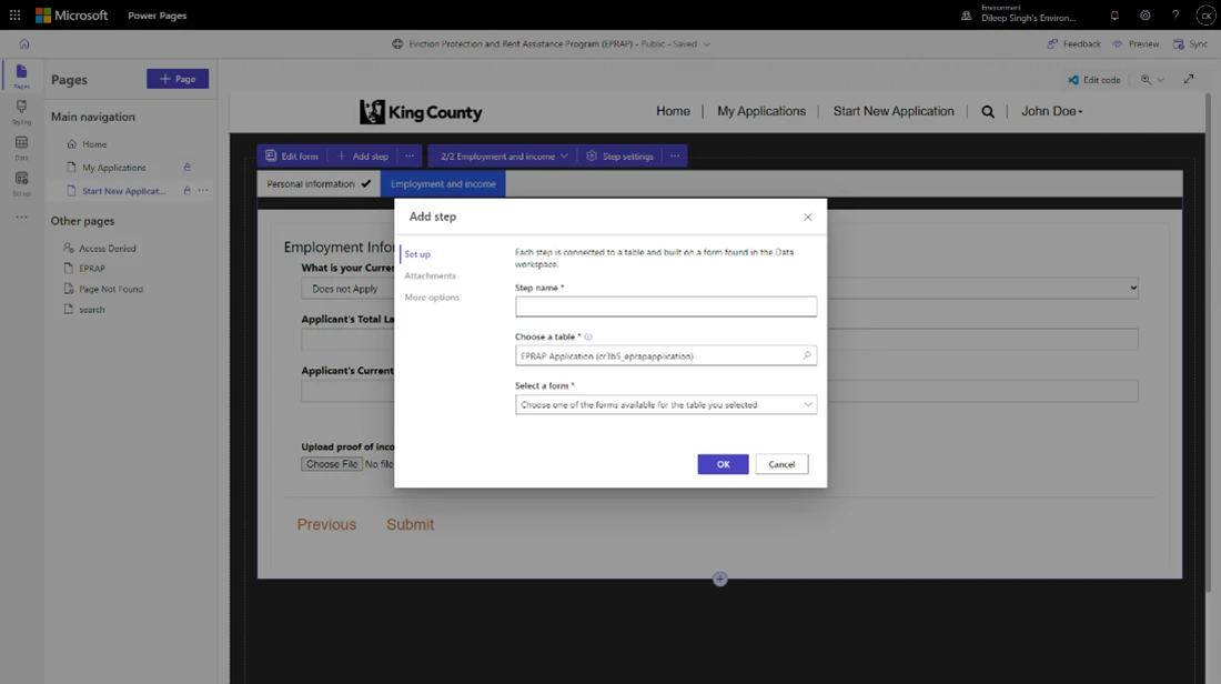 This in-product screenshot shows the process of building multi-step forms that include document uploads with the Pages and Data workspaces in the Design Studio.