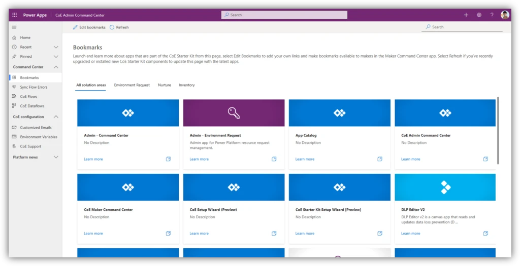 A screenshot of the CoE Admin command center app, which has been updated with Fluent UI design principles and Creator Kit components.