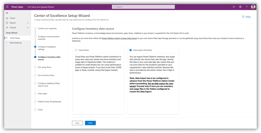 A screenshot of the CoE starter kit setup wizard on the step where you configure your data source. You can now choose between cloud flows and Data Export as the source for your inventory and telemetry data.