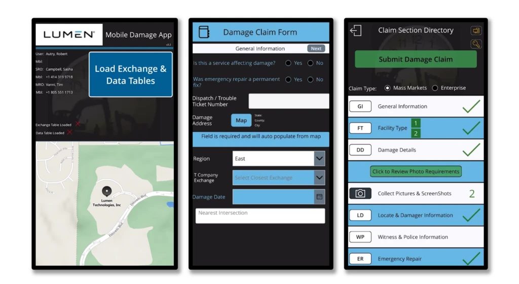 Three screenshots of an app built by Lumen Technologies
