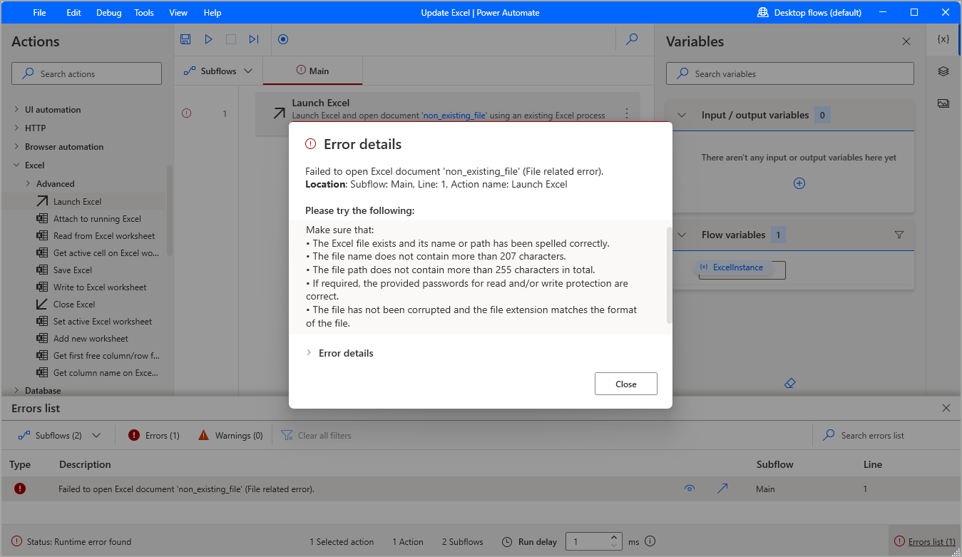 Runtime error messages