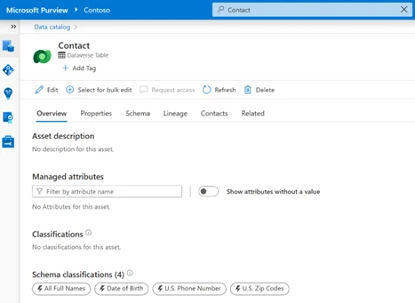 Microsoft Purview configuration screen for Microsoft Dataverse tables