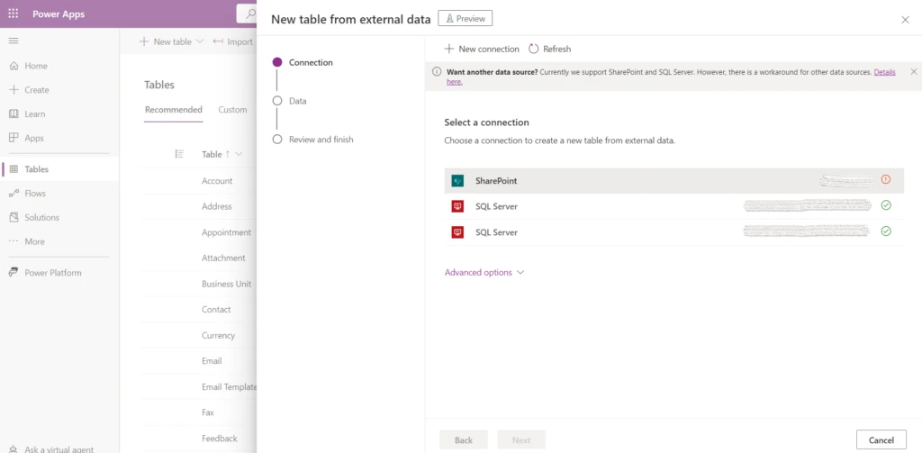 Screenshot of creating a new table from external data in Dataverse