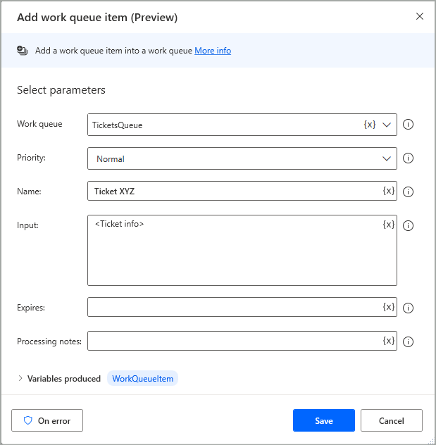 Add work queue item action