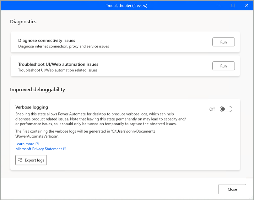 Troubleshooter in Power Automate for desktop
