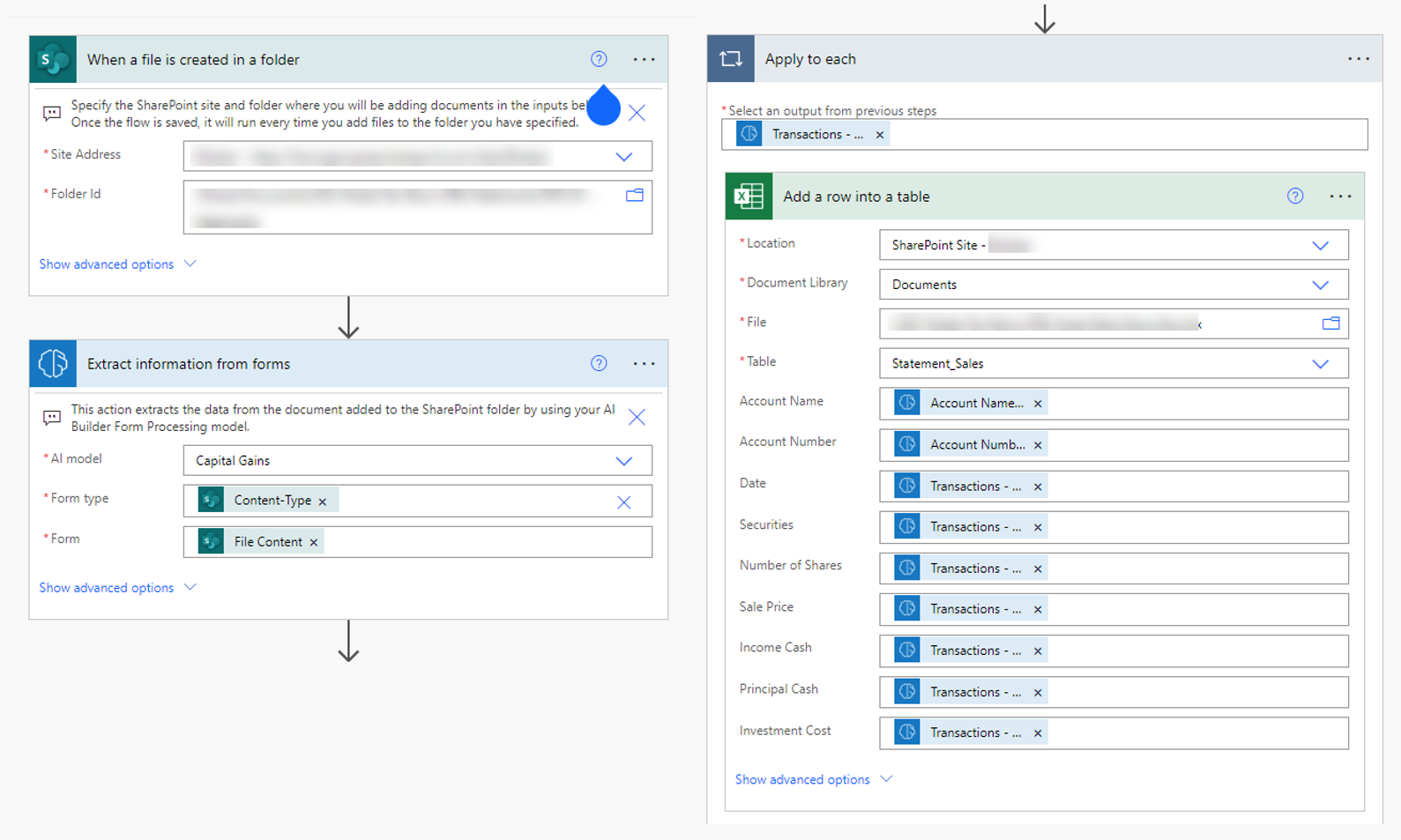 Power Automate cloud flow diagram extracting information from files using AI Builder