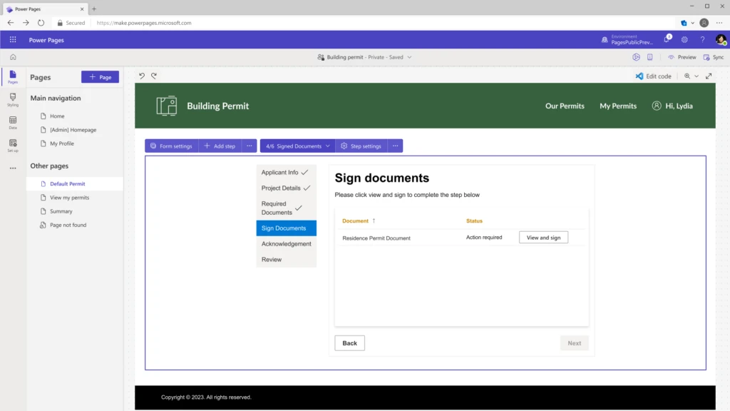 Screenshot showing the form set up of a building permit page using the DocuSign interoperation in the Pages workspace of the Power Pages platform.
