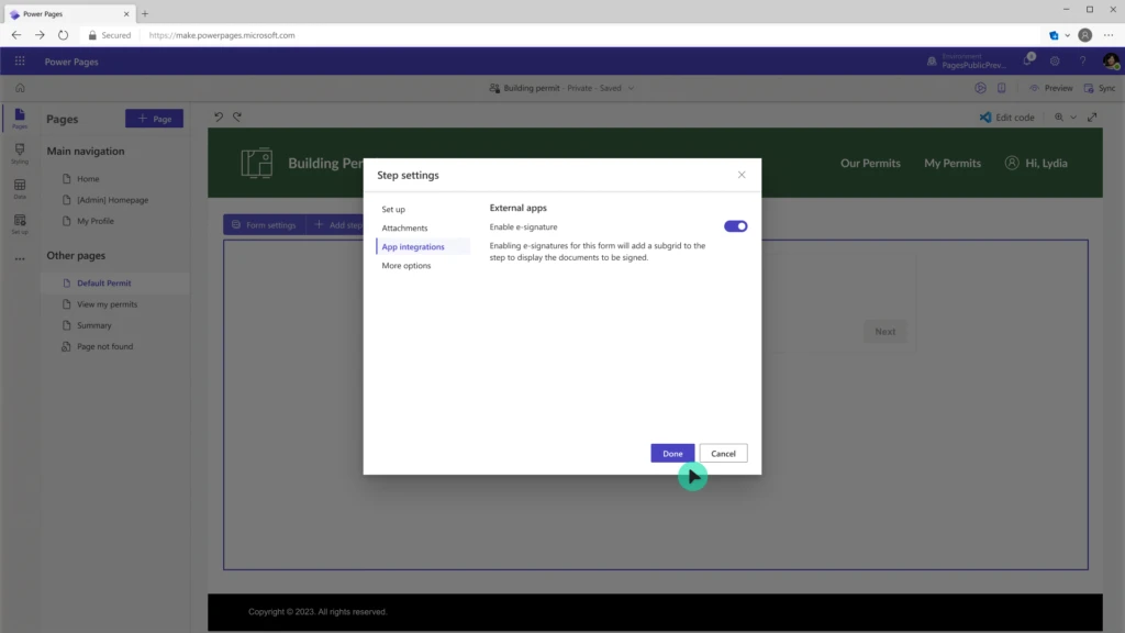 Screenshot showing the pop-up form step settings that allow users to enable e-signatures from external apps in the Pages workspace of the Power Pages platform.