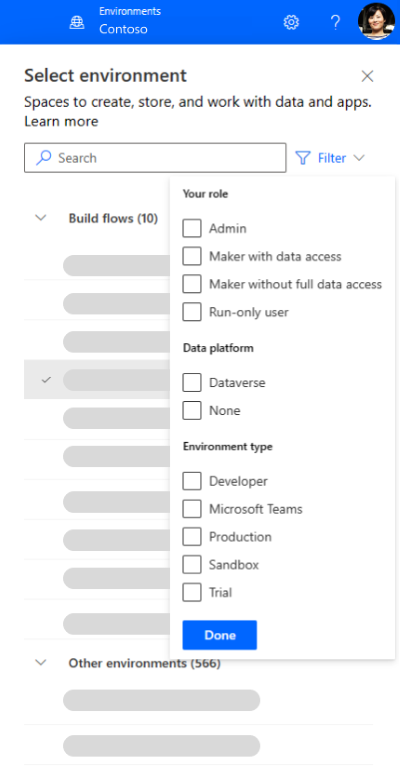 Environment Picker showing new filters