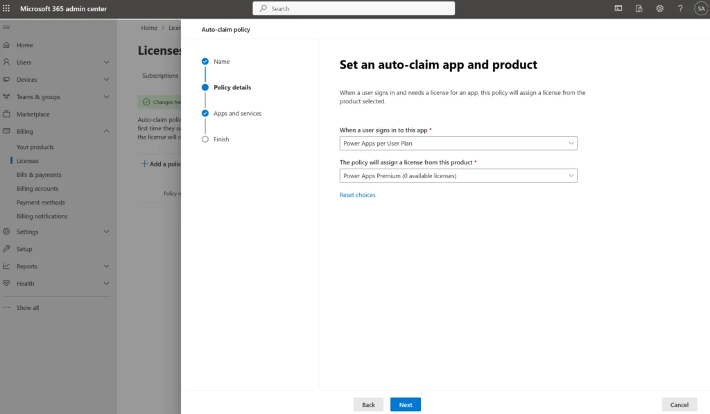 Next set up auto claim policy for Power APP per User Plan by selecting &ldquo;Power App per User Plan&rdquo; from the drop down of &ldquo;When a user signs in to this app&rdquo; and selecting the license from the product drop down 