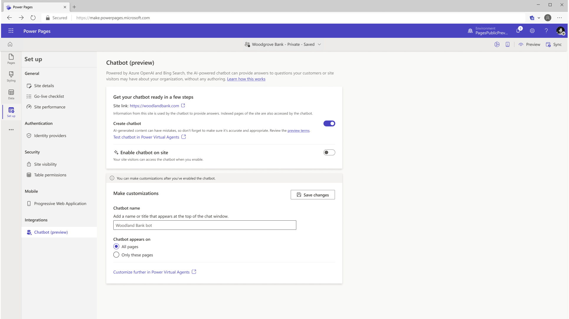Power Pages chatbot for end users