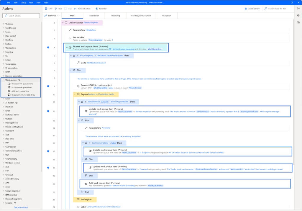 Showing a Power automate desktop designer canvas with work queue actions