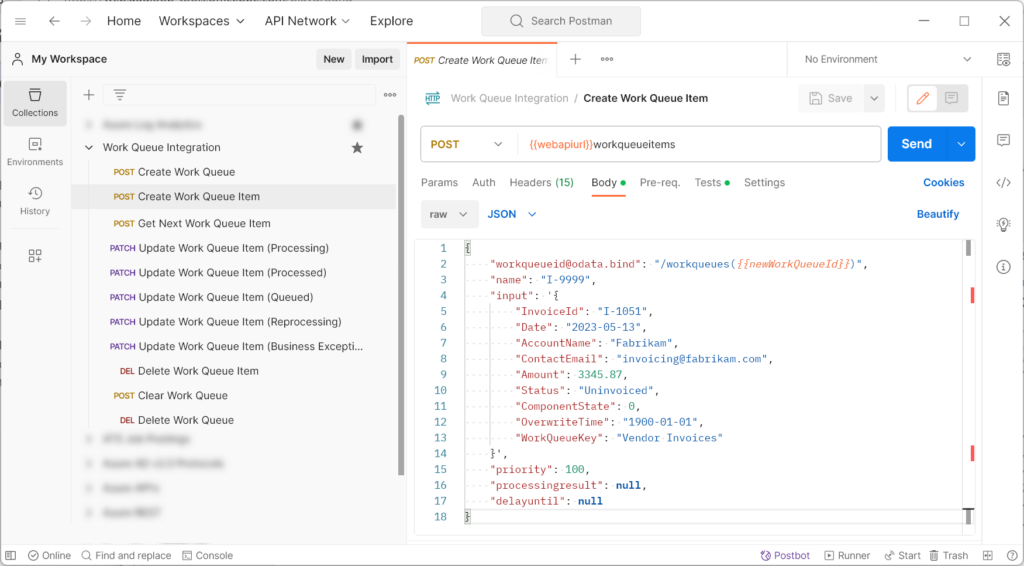 Showing a Postman API request screen with calls to interact with work queues
