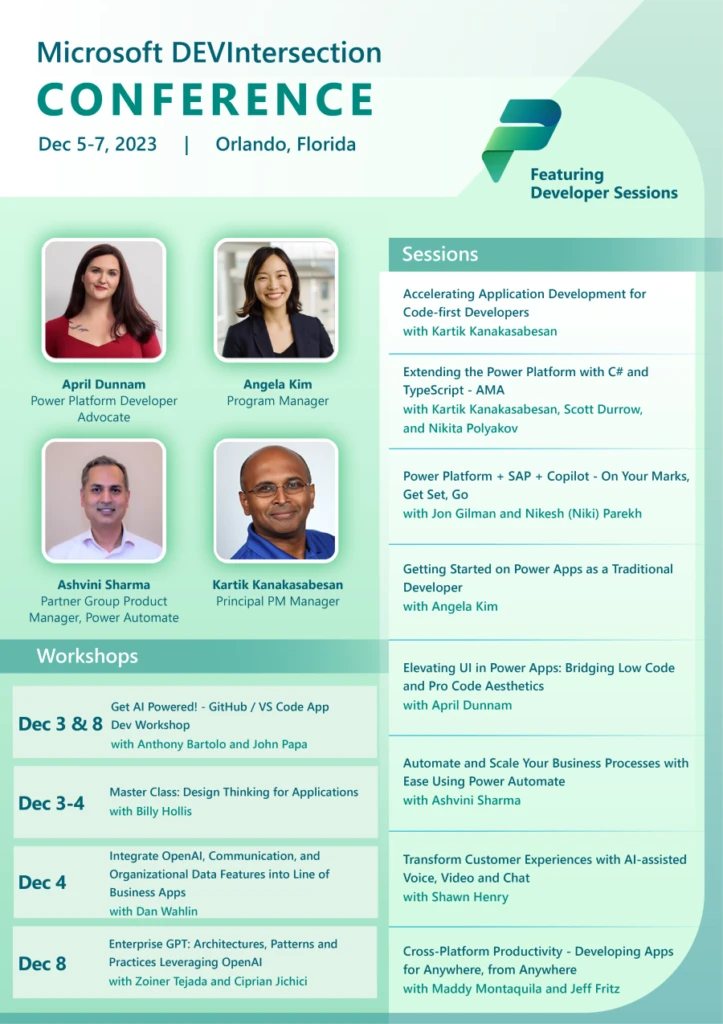 A flyer showing key speakers including April Dunnam, Angela Kim, Ashvini Sharma, and Kartik Kanakasabesan. The flyer also shows upcoming workshops and sessions.