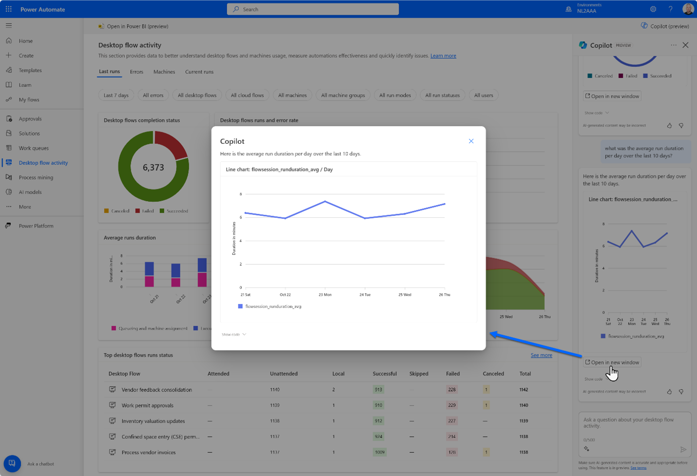 Desktop flow activity page showing a Copilot popup window with a chart of the average run duration per day over the last 10 days.