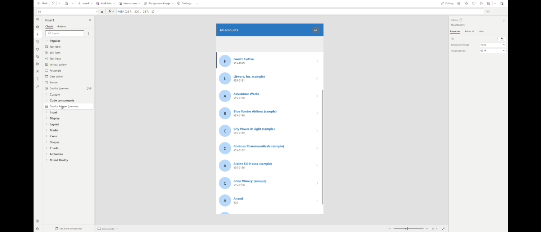 A screen recording showing a maker in Power Apps studio adding Copilot answer control and setting it up, and a user clicking on the prompt button and seeing an answer generated in the app.