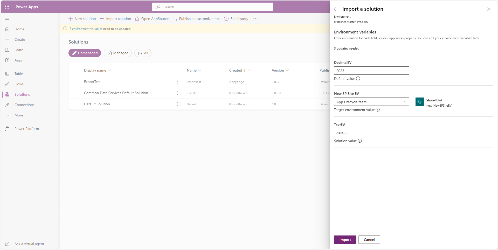 solution import panel with three environment variables from different sources
