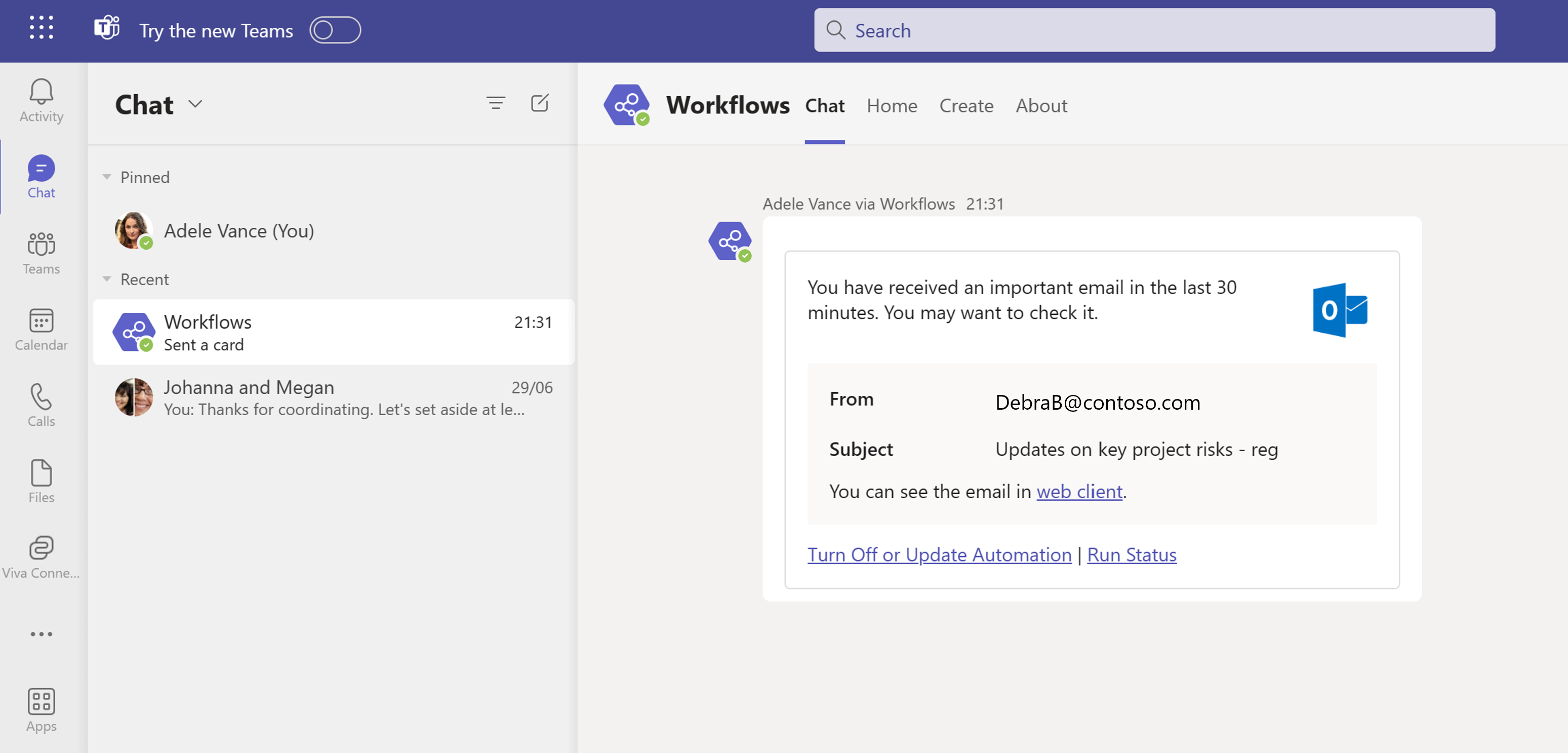 Screenshot of sample notifications in Teams for an important email