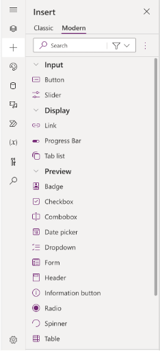 Insert pane with modern controls