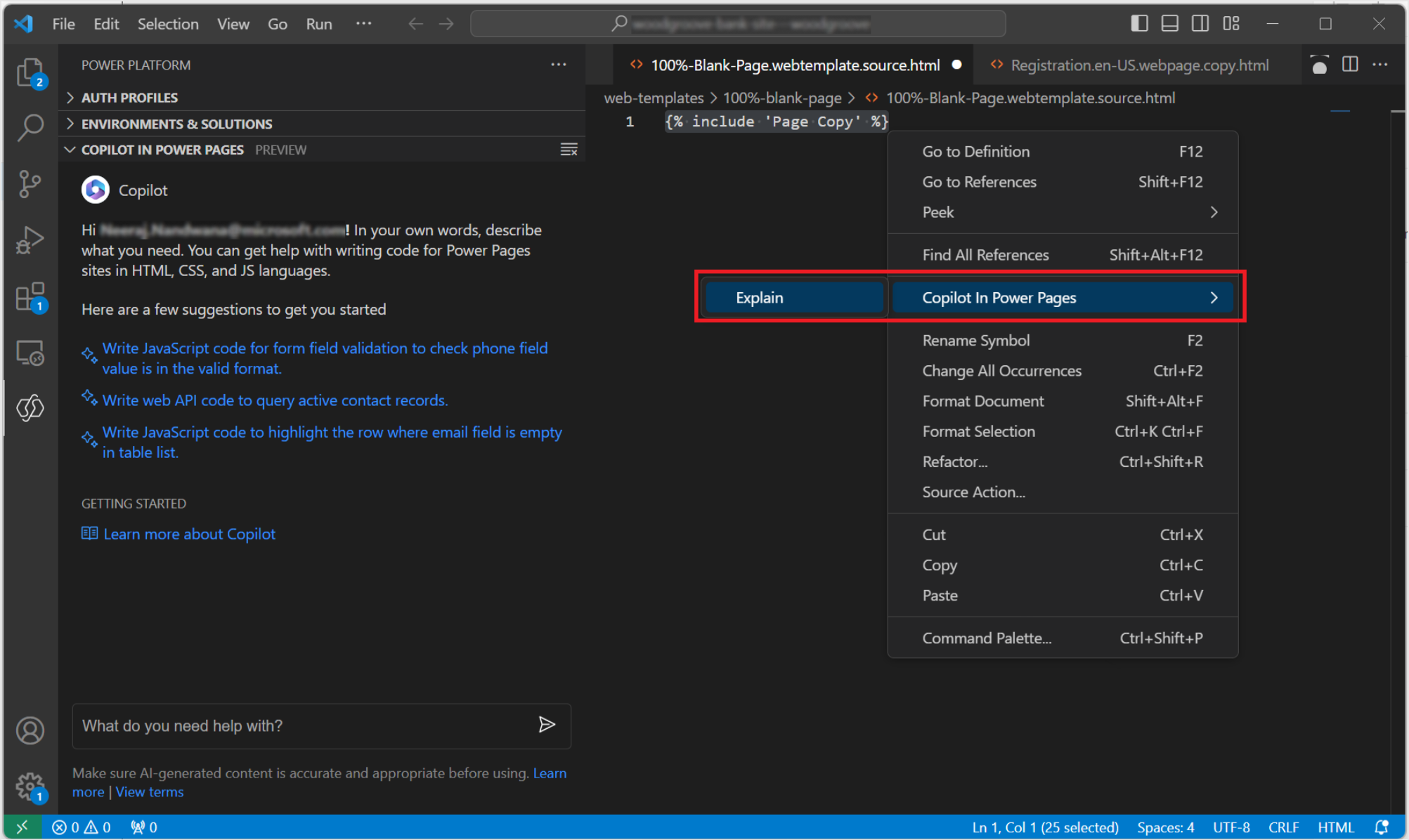 explain code using in-context menu