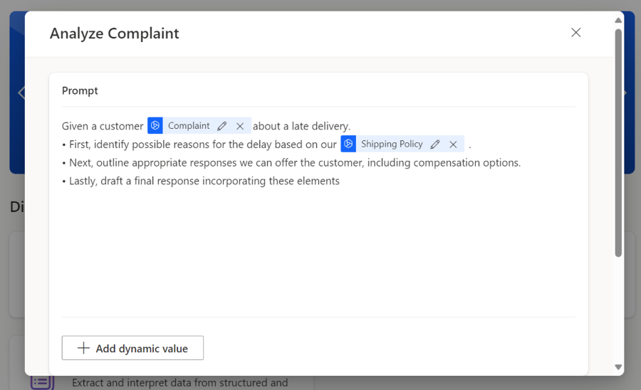 Use prompts with dynamic inputs in AI Builder to develop data-rich AI applications 