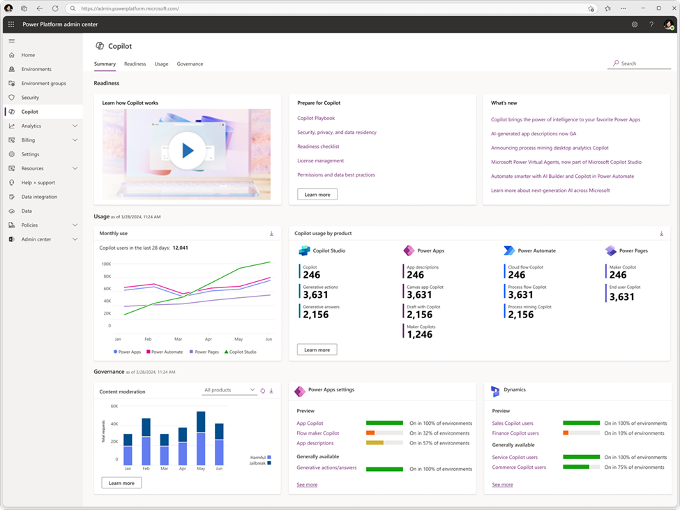 Screenshot of Power Platform Copilot hub dashboard