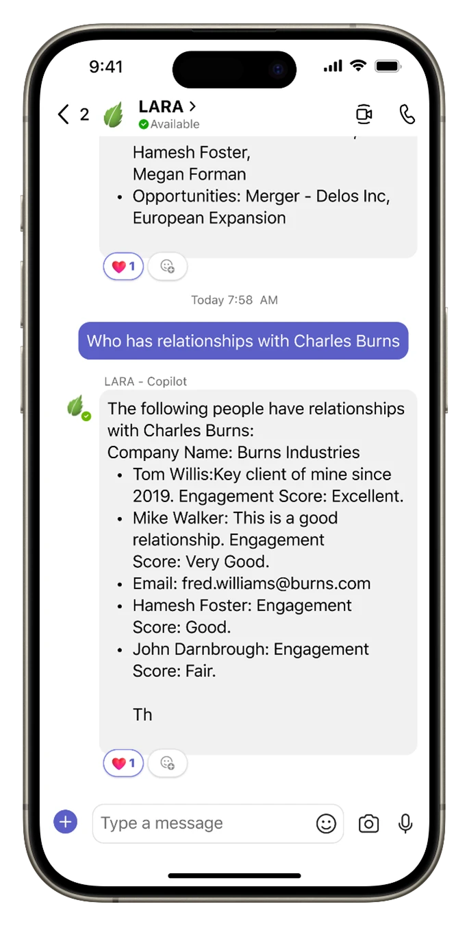 A cell phone with text on it from the LARA copilot