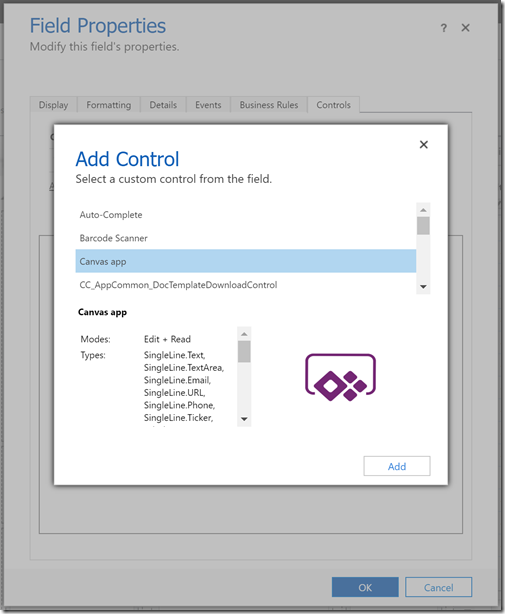 Configure the properties of the field or Sub-Grid control to use the Canvas app control Configure the properties of the field or Sub-Grid control to use the Canvas app control