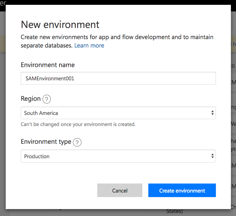 New environment dialog