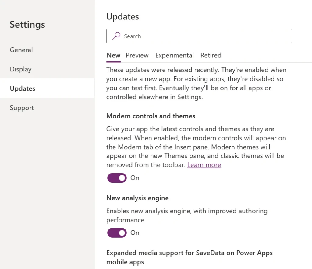 Power Apps settings modal on the Updates section showing the new section of feature settings.