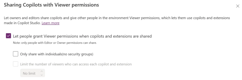 Sharing Copilots with viewer permissions modal