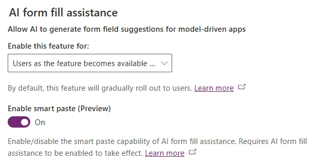 Image showing the two settings for Copilot form fill assistance feature, located in Power Platform admin center.