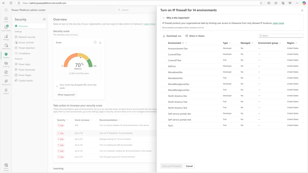 Power Platform admin center security page showing IP firewall settings.