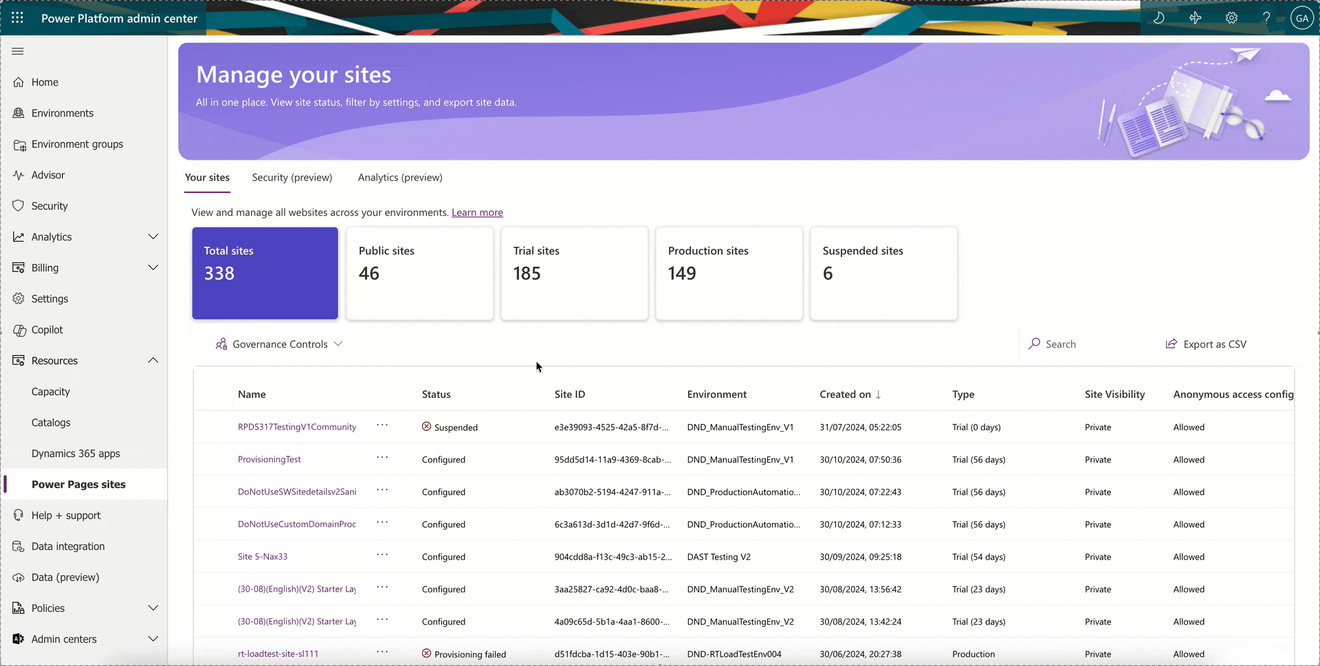 A GIF showing the ability to edit Governance controls by disabling anonymous access to Dataverse, enabling external authentication providers for your end users, etc., in the Power Pages admin center.