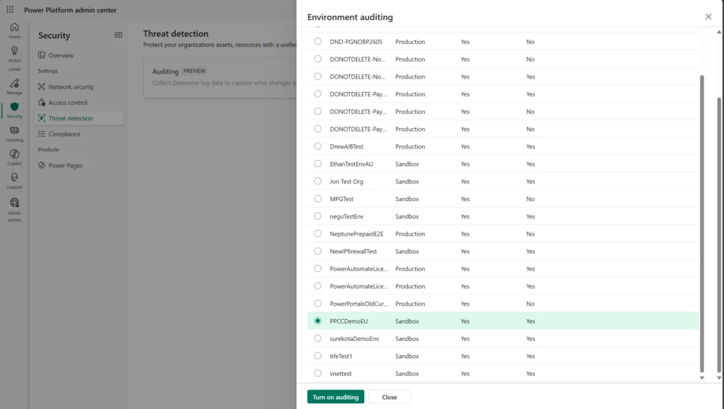 Threat detection settings through security page in the new Power Platform admin center.