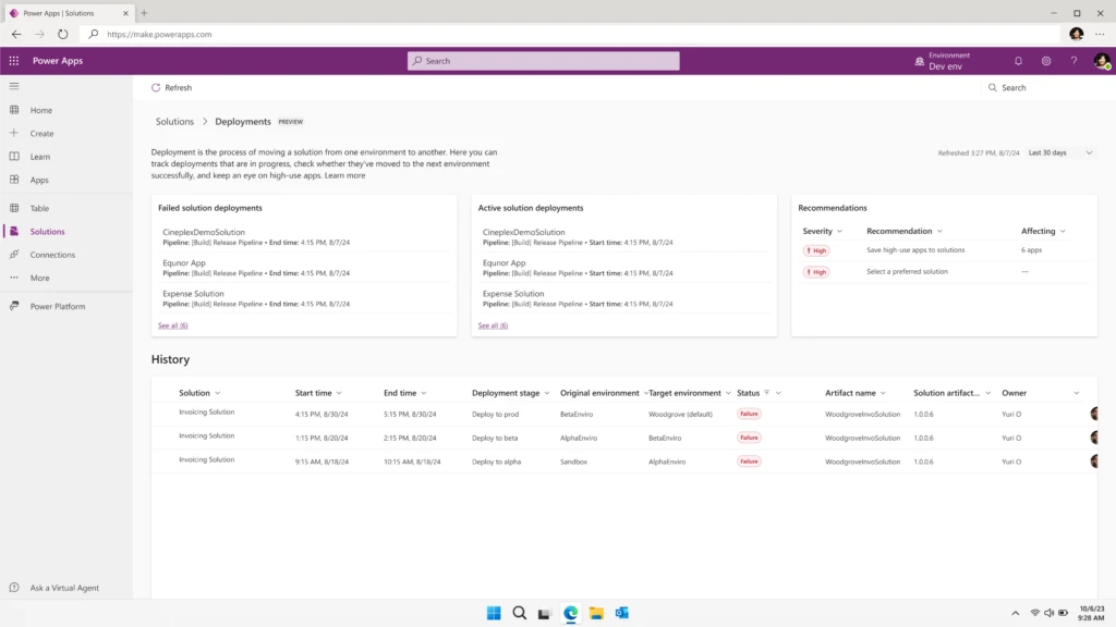 The deployment experience in Maker portals simplifies understanding which deployments are active, pending approval or need attention due to a failure.