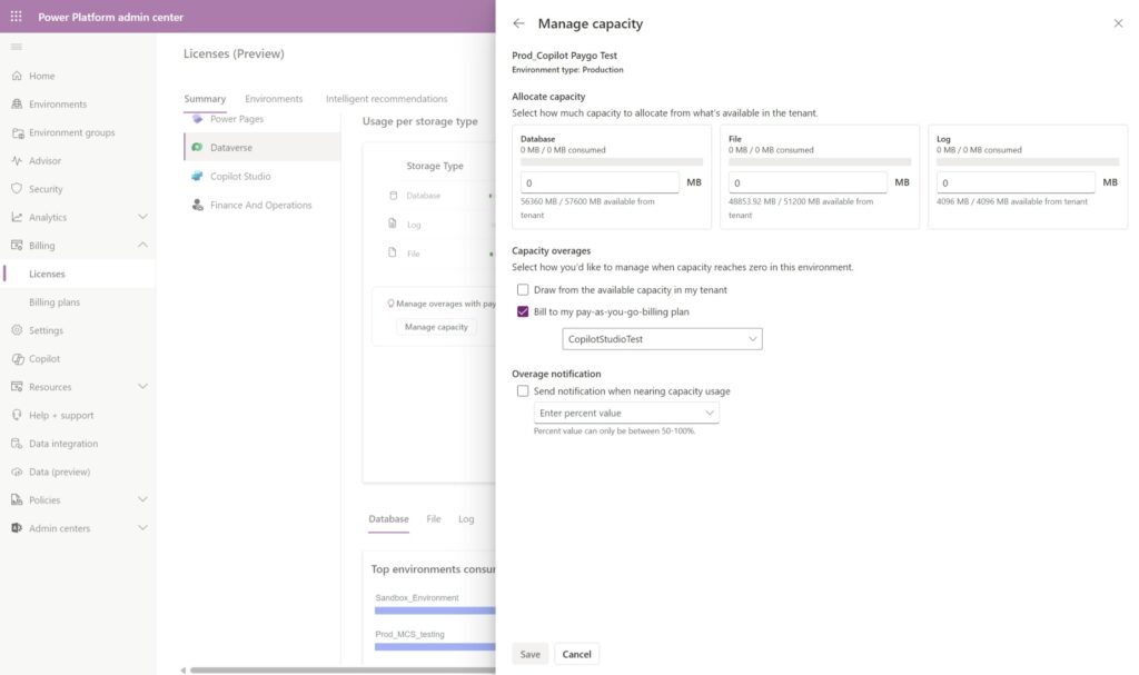 Image of "Manage capacity" experience in Power Platform admin center. Under Capacity overages, select "Bill to my PayGo plan"