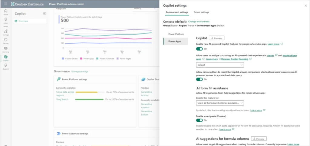 Settings configuration pane of Copilot hub in Power Platform Admin Center