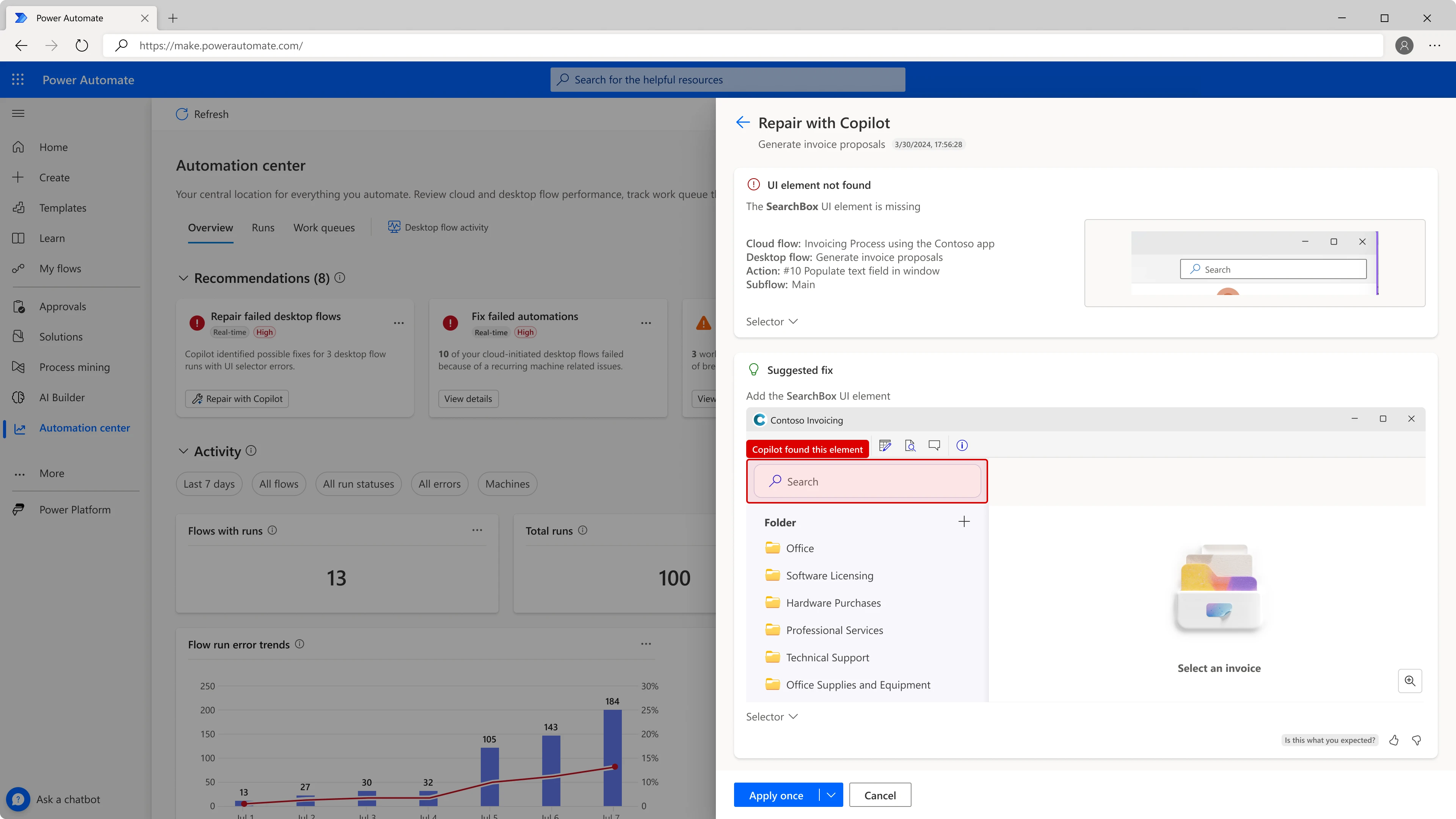 A screenshot of a desktop flow selector-repair request where old and new selectors are shown along with a screenshot