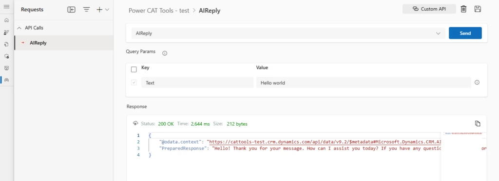 A completed request to the AI Reply Dataverse action using the API playground.