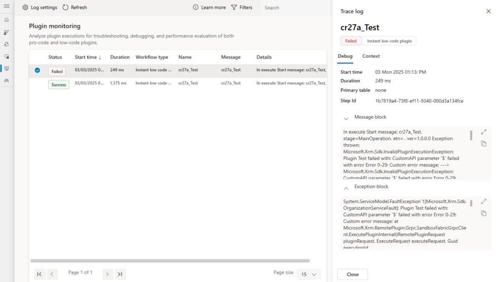 A completed request to the AI Reply Dataverse action using the API playground.