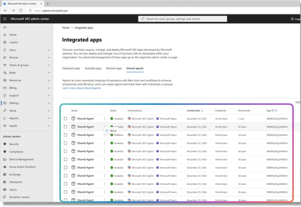 A screenshot of agent inventory in Microsoft 365 admin center.