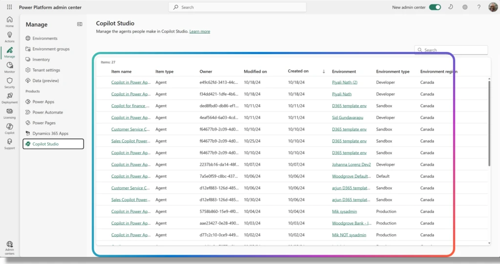 A screenshot of agent inventory in Power Platform admin center.