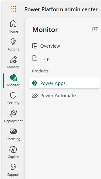 PPAC Left Nav bar Power Apps Admin Center (PPAC) Left nav bar with new Monitor pivot.