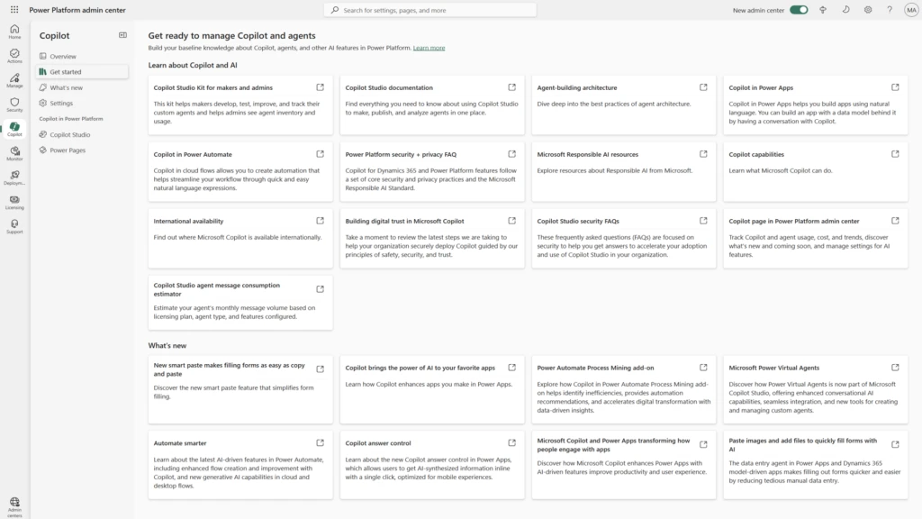 Get started tab in Copilot hub in Power Platform admin center