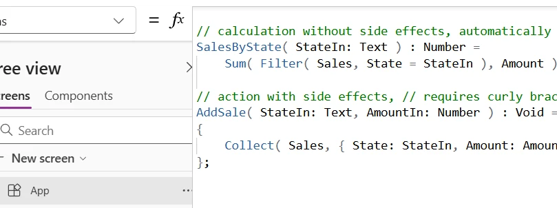 Power Fx code in the Power Apps Formula bar showing a User Defined Function.