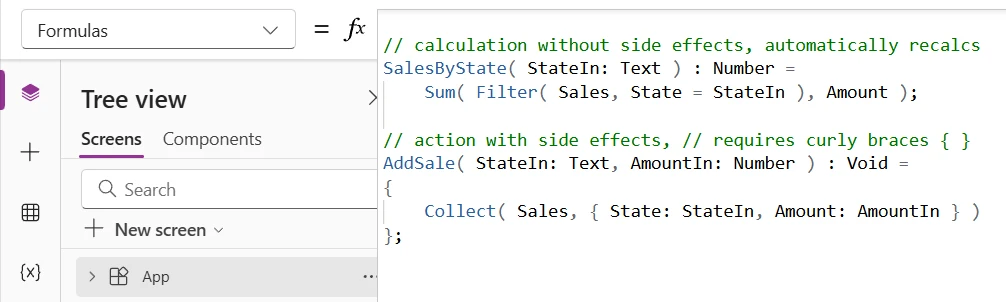 Power Fx code in the Power Apps Formula bar showing a User Defined Function.
