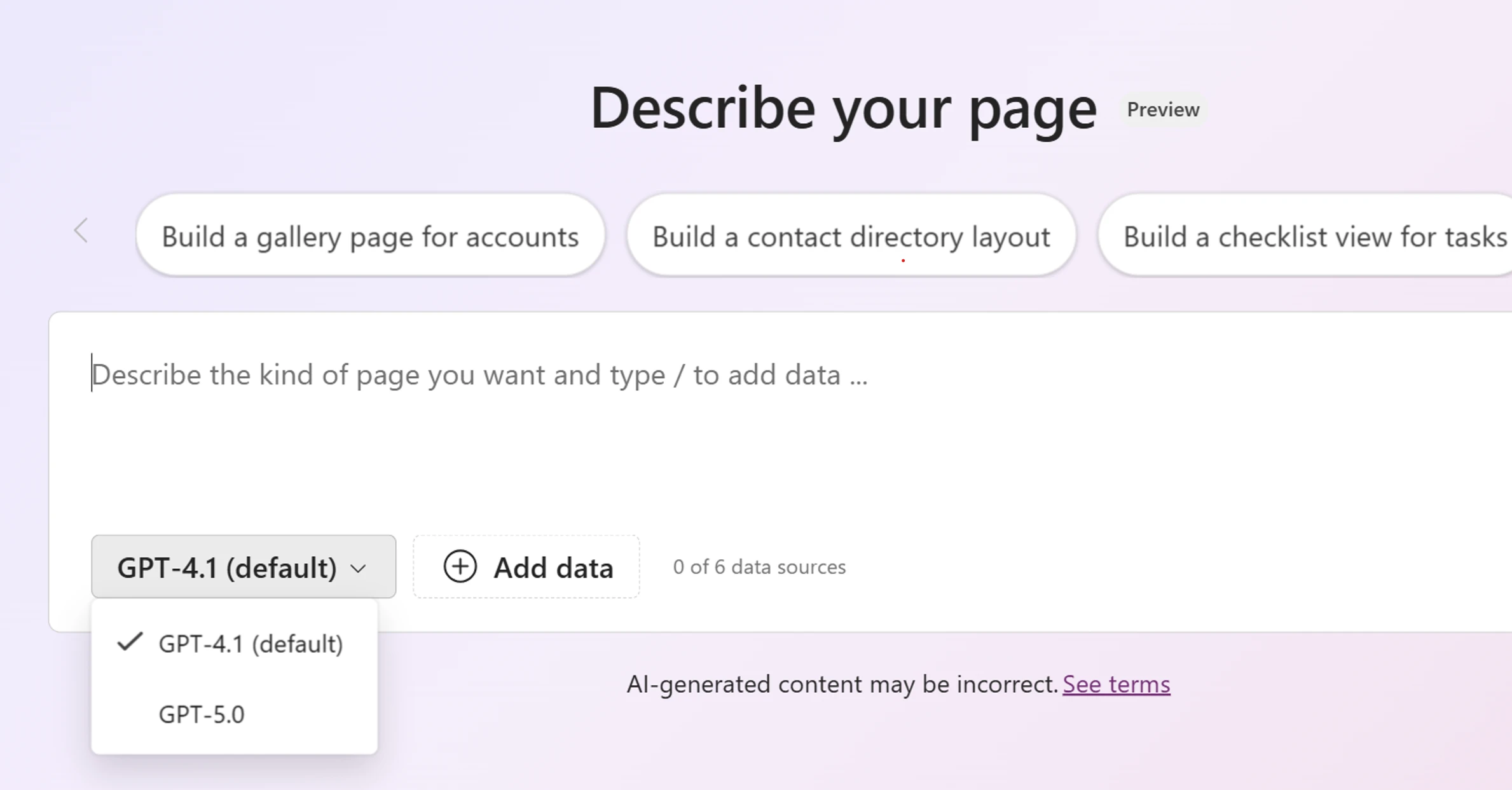 Pick the model you want to use when generating your page.