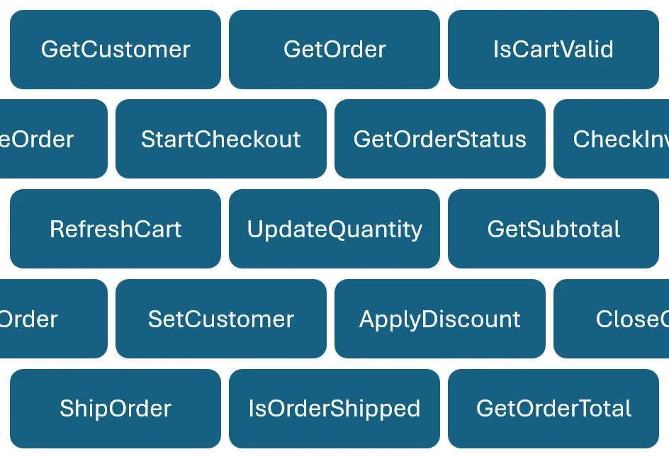 Set of function names for a possible order entry system, including GetOrder, OrderTotal, SetCustomer, and other function names.