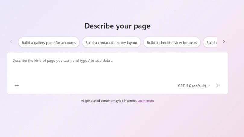 Generative pages screenshot prompting to "describe your page"